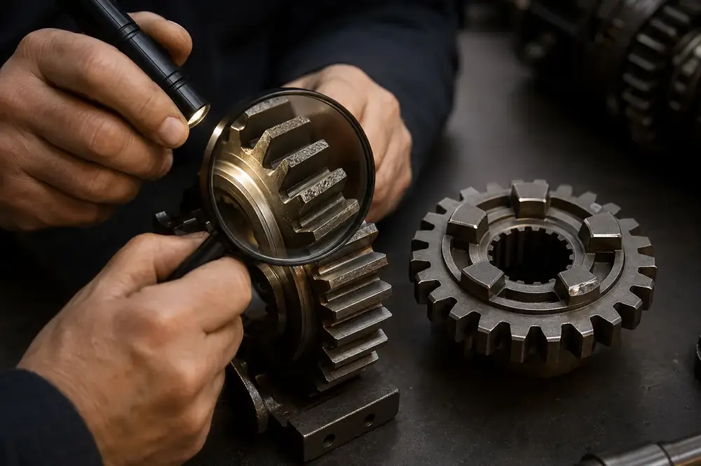 Inspection des dentures et des crabots d’un pignon de boîte moto