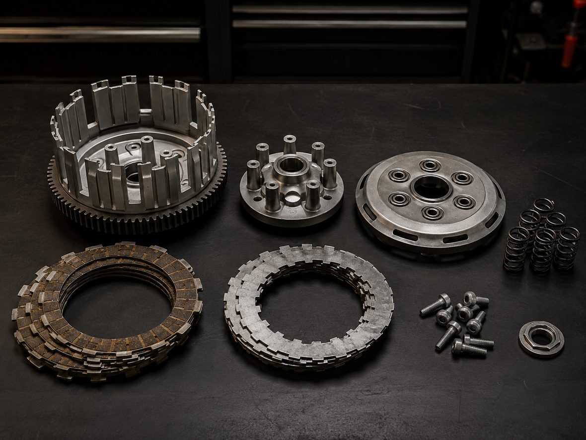 Pièces d’embrayage de moto cross disposées sur un établi noir