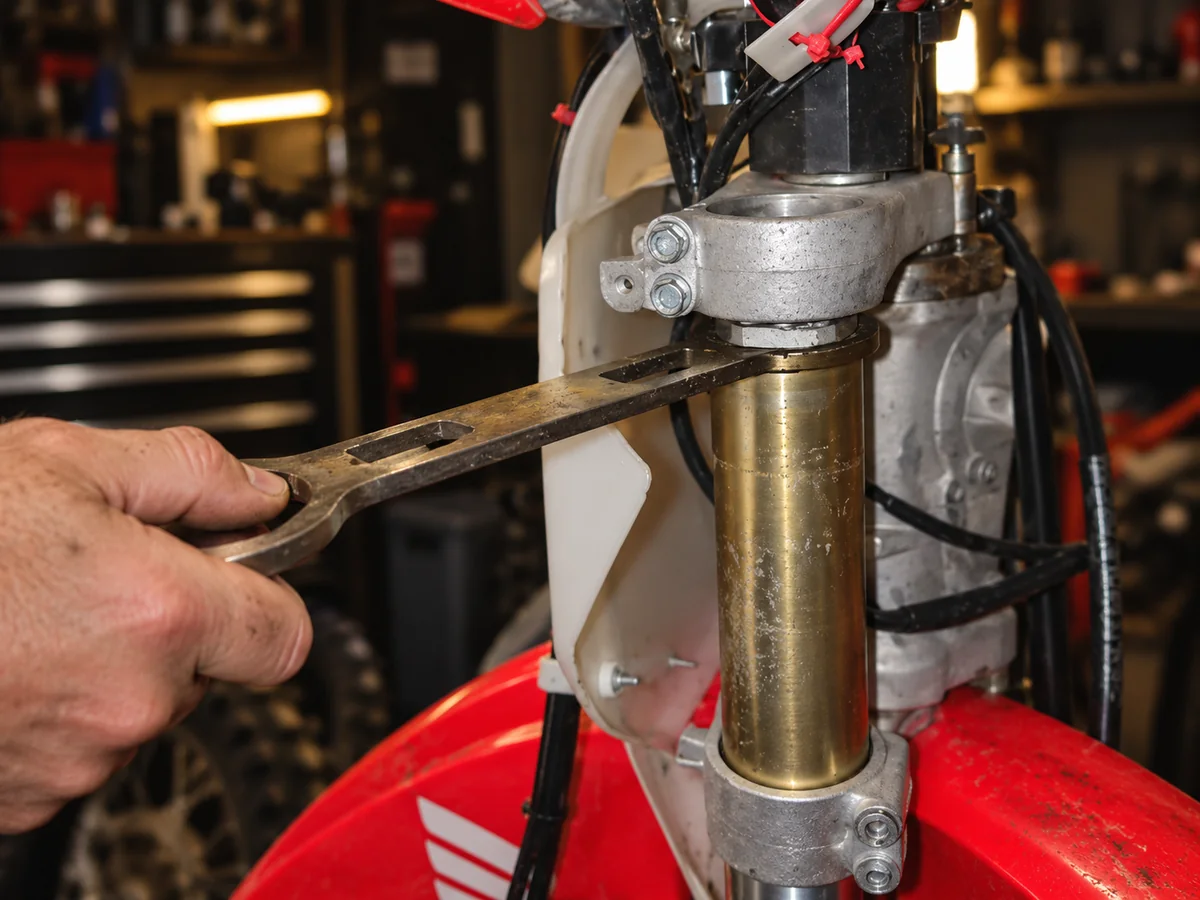 Desserrage du bouchon supérieur d'une fourche Showa de motocross