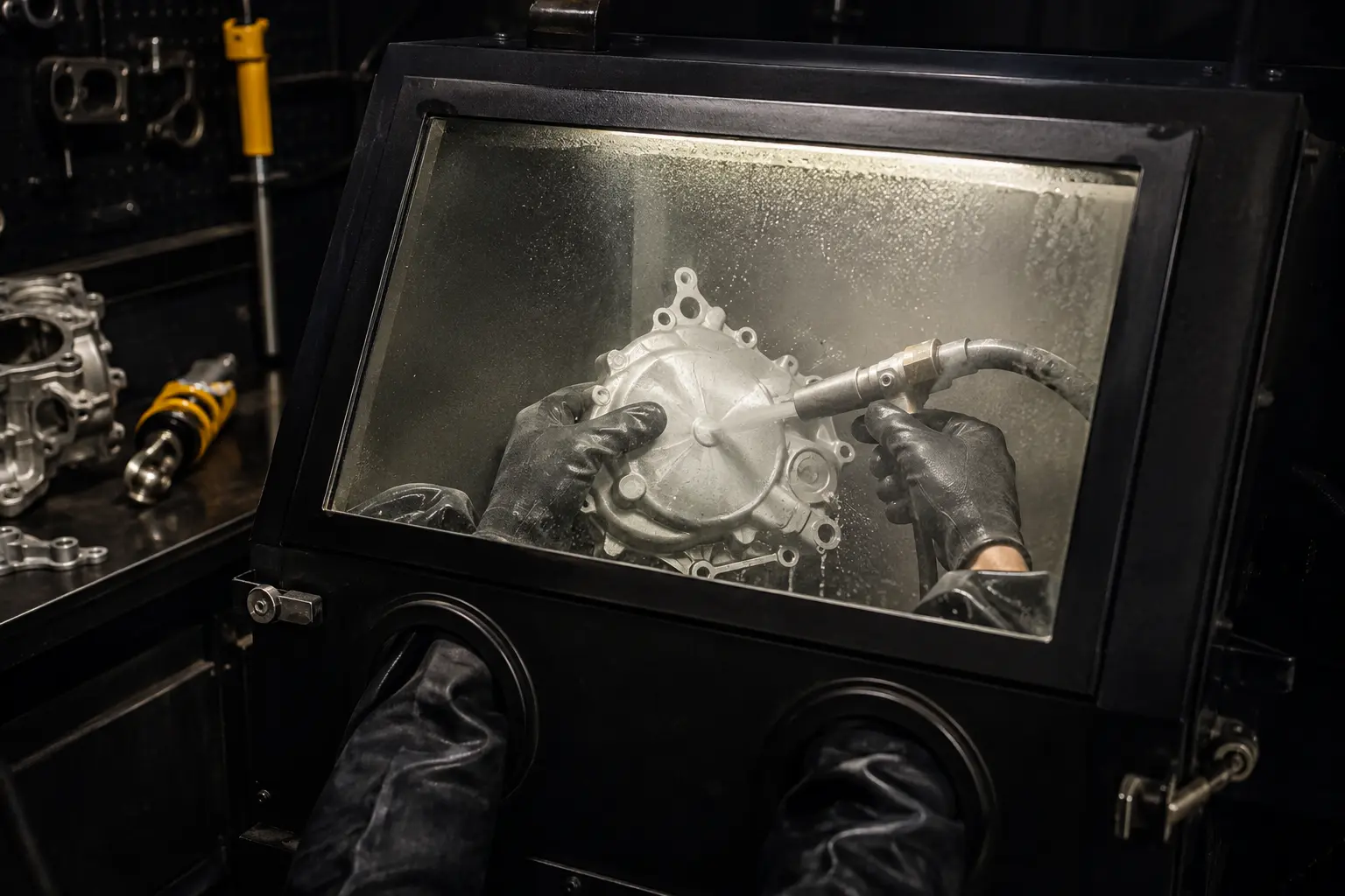 Illustration du nettoyage d’un carter en cabine de vapor blasting